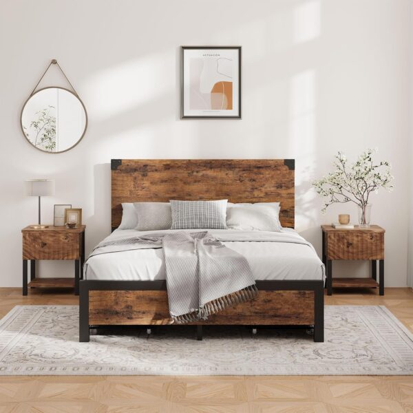 Queen Bed Frame with 4 Storage Drawers and Heavy Duty, Strong Metal Support Bed Frame with Wooden Headboard, No Box Spring Needed, Easy Assembly, Vintage Brown