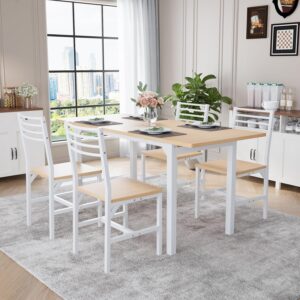 VOWNER 63” Extendable Dining Table Set for 4-6 People, 5-Piece Dining Table Set for 4 People with 4 Chairs, Kitchen Table Set with MDF Board and Metal Frame, for Small Space, Apartment, Nature Wood