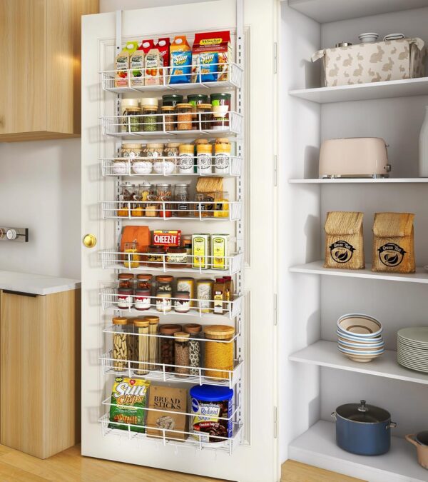 Over The Door Pantry Organizer, Wall Mount Spice Rack, Pantry Hanging Storage and Organization, 8 Adjustable Baskets Heavy-Duty Metal for Home & Kitchen, Back of Door Seasoning Rack - White