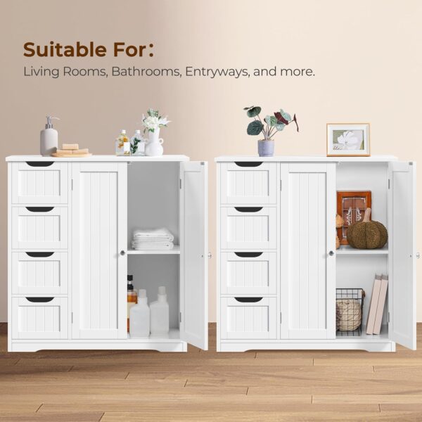 Yaheetech Wooden Bathroom Floor Cabinet, Side Storage Organizer Cabinet with 4 Drawers & Double Doors, Freestanding Entryway Storage Unit Console Table, Bathroom Furniture Home Decor, White