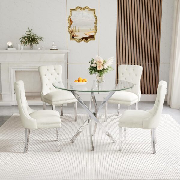 36" Round Glass Dining Table Set for 4, 5-Piece Modern Kitchen Table with 4 White Velvet Chairs, Modern Circle Leisure Table for Home Office Dining Room Small Spaces (Silver Leg)