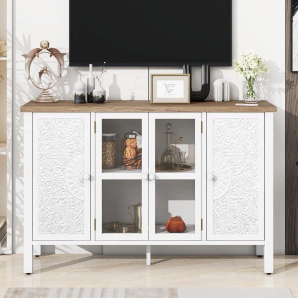 47.2'' Retro TV Stand for TVs up to 43 Inches, Entertainment Center Media Console Cabinet with 3 Spacious Cabinets, Glass Cabinet Doors and Anti-tip Device for Living Room, White
