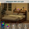 Queen Bed Frame with 8 Storage Drawers, Queen Metal Bed Frame with LED Light and Charging Station, Heavy Duty Metal Slats, No Box Spring Needed, Rustic Brown