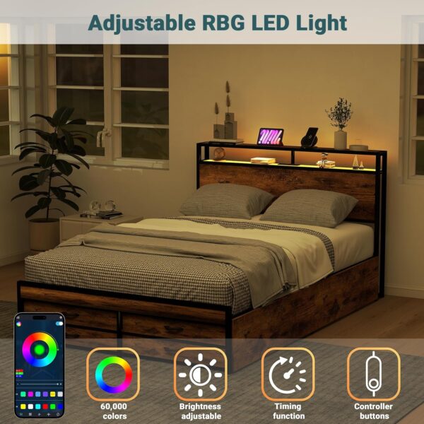 Queen Bed Frame with 8 Storage Drawers, Queen Metal Bed Frame with LED Light and Charging Station, Heavy Duty Metal Slats, No Box Spring Needed, Rustic Brown