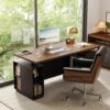 70" Standing Executive Desk with Privacy Panel, Large One-Piece Electric Height Adjustable Stand Up Desk with Charging Station, File Cabinet Storage, Home and Office, Black Walnut