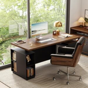 70" Standing Executive Desk with Privacy Panel, Large One-Piece Electric Height Adjustable Stand Up Desk with Charging Station, File Cabinet Storage, Home and Office, Black Walnut