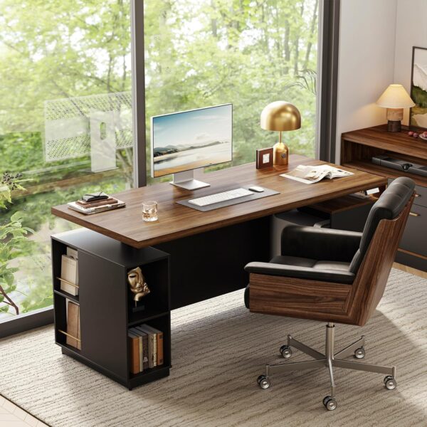 70" Standing Executive Desk with Privacy Panel, Large One-Piece Electric Height Adjustable Stand Up Desk with Charging Station, File Cabinet Storage, Home and Office, Black Walnut