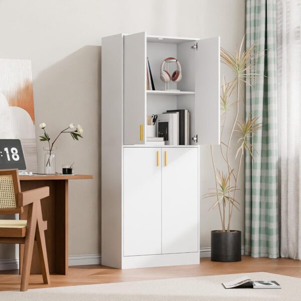 Cozy Castle Kitchen Pantry Cabinet, 71" Tall Wood Storage Cabinet with Doors and Shelves 4 Doors Freestanding Cupboard Utility Hutch for Dining Room Living Room Bathroom Furniture, White