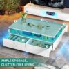 YITAHOME LED Coffee Tables for Living Room, High Glossy Coffee Table with Storage 4 Sliding Drawers, Small Rectangular LED Coffee Table Center Table with Open Display Shelf, Glossy White