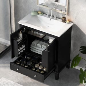 Linique 30" Modern Bathroom Vanity with Sink Combo Set, Solid Wood Frame Multi-Functional Bathroom Storage Cabinet with 2 Soft Closing Doors and a Drawer, Adjustable Shelf, Black