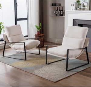 LukeAlon Modern Sherpa Accent Armchairs Set of 2, Upholstered Living Room Chairs with Metal Base Thickened Cushion Single Sofa Chairs Comfy Lounge Chairs for Bedroom Living Room, White