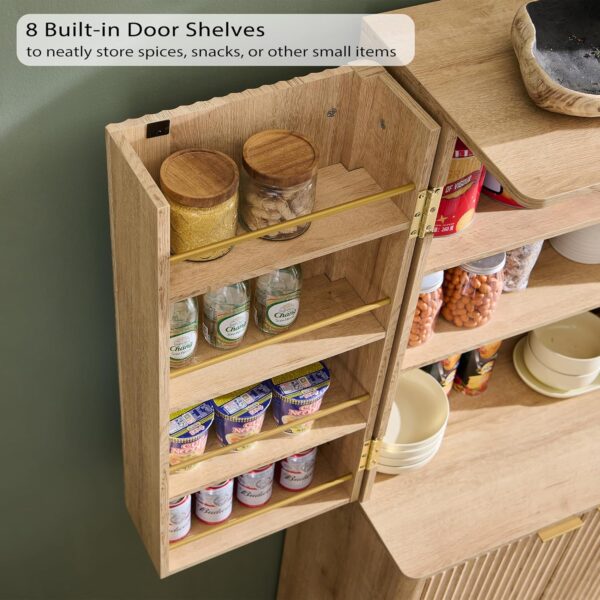 T4TREAM 72" Tall Fluted Pantry Storage Cabinet with Adjustable Shelves & Door Racks, Curved Profile Design, Spacious Dual-Zone Wood Organizer for Kitchen, Living Room, Natural Oak