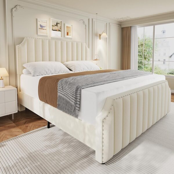 Queen Size Velvet Bed Frame, 50.2" Tall Headboard & Footboard, Upholstered Platform Queen Bed Frame with Nailhead Trim, No Box Spring Needed, Noise Free, Solid Wooden Slats, Beige