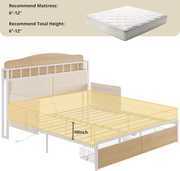 LIKIMIO Queen Bed Frame with Guardrail & Bedside Caddy, Multifunctional Headboard with Charging Station, Durable Metal Platform Bed, Noise-Free, No Box Spring Needed, White
