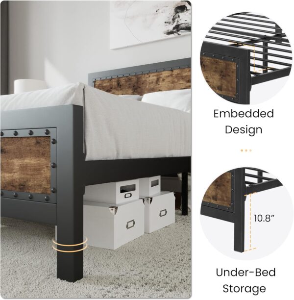 SHA CERLIN Grey Metal Bed Frame Queen, Industrial Wooden Platform Base with Rivet Headboard and Footboard, No Box Spring Needed
