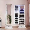LVSOMT LED Mirror Jewelry Cabinet Standing, 360°Swivel Jewelry Armoire with Full Length Mirror, Mirror with Jewelry Storage and Large Wooden Drawer for Christmas Gifts (Farmhouse White)