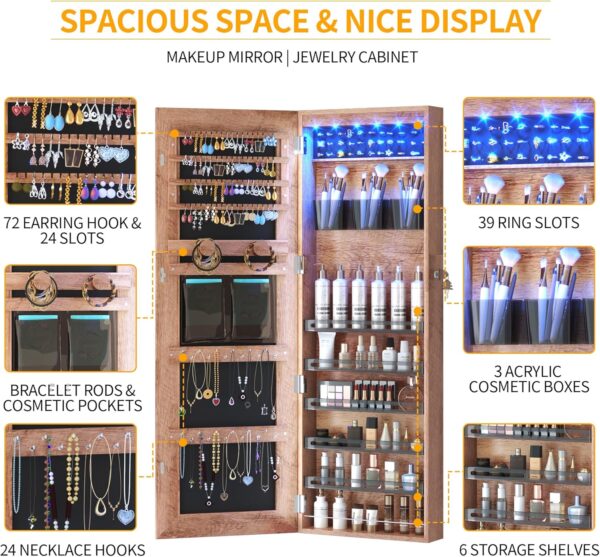 LVSOMT LED Wall/Door Mounted Jewelry Cabinet Armoire, Full Length Mirror with Lights, Lockable Storage Organizer, Over the Door Hanging Dressing Body Mirror (Wood)