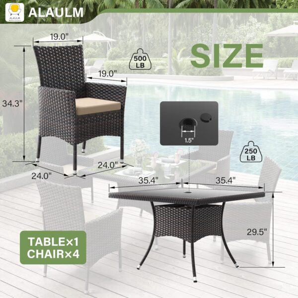 ALAULM 5 Piece Patio Dining Set All-Weather Wicker Outdoor Patio Furniture Set w/Tempered Glass Tabletop, Removable Cushions and Umbrella Hole for Patio, Backyard, Garden, Poolside（Brown）