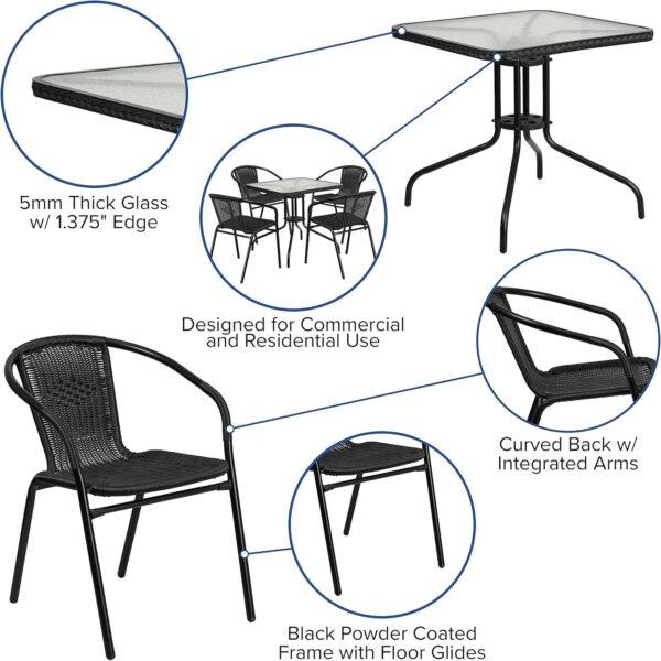 Flash Furniture 5-Piece 28" Square Indoor/Outdoor Patio Table and Chairs Set, Dining Set with Glass Metal Bistro Table, 4 Stack Rattan Chairs, Black