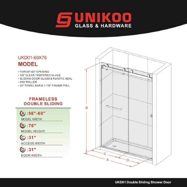 56"- 60" W×76" H Frameless Stainless Steel Bypass Shower Door and Two Towel Bars in Satin Brass and 3/8" (10mm) Certified Tempered Clear Glass. The Royal Series UKD01-6076-TT-SB