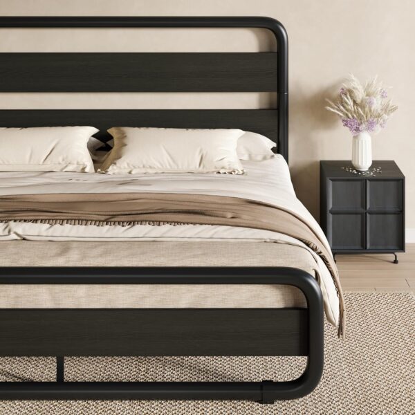 SHA CERLIN Queen Size Metal Bed Frame with Wooden Headboard and Footboard, Heavy Duty Oval-Shaped Platform Bed with Under-Bed Storage, Noise Free, No Box Spring Needed, Black