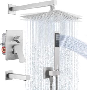 KES Shower System Pressure Balancing Shower Valve with Tub Faucet Spout Set Handheld and 10 Inch Rainfall Shower Head Combo All Metal Brushed Finish, XB6300-BN