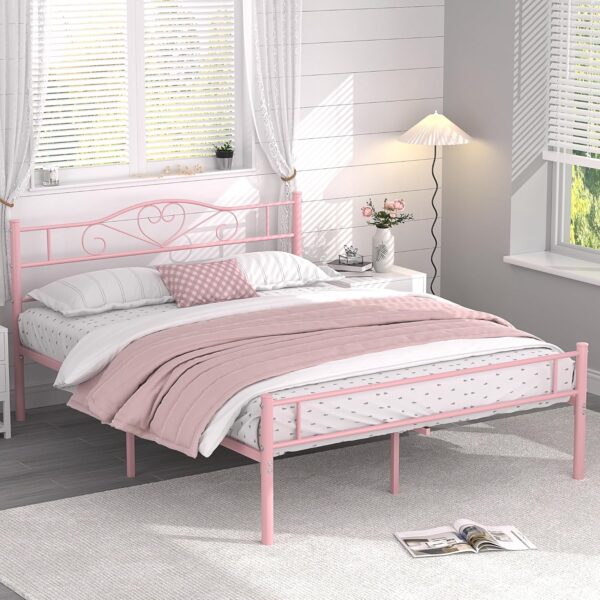 VECELO 14 Inch Queen Size Metal Platform Bed Frame with Headboard and Footboard, Heavy Duty Mattress Foundation with Steel Slats Support, No Box Spring Needed, Pink