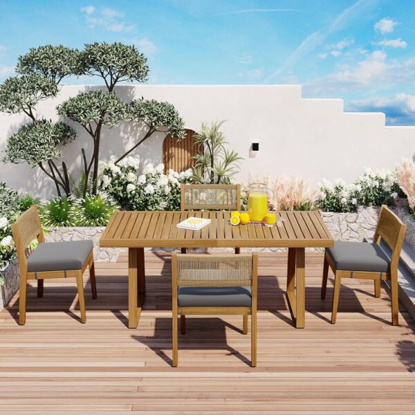 5 Pieces Patio Dining Set, Acacia Wood Dining Table and Chair Set, All-Weather Outdoor Conversation Set Gathering Set with Thick Cushions for Garden Backyard Balcony (Gray+Acacia5)