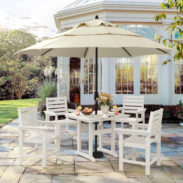 Patio Table and Chairs Set 5 Pieces, HDPE Weather Resistant Outdoor Dining Set, Square Outdoor Dining Table with 4 Patio Chairs, Patio Dining Set for Balcony, White