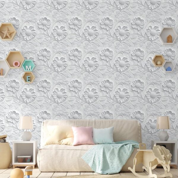 White Floral Peel and Stick Wallpaper Modern Floral 3D Embossed Wallpaper Self Adhesive Removable Contact Paper Waterproof Wallpaper for Bathroom Bedroom Cabinets Decor 17inch×196.8inch Vinyl