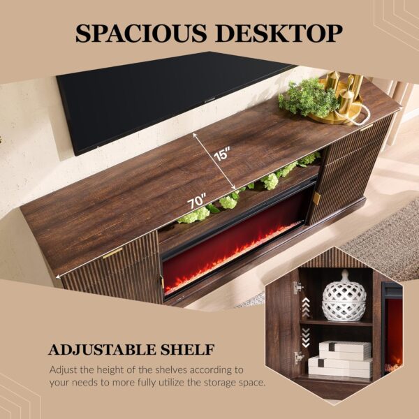 Fluted Fireplace TV Stand for TVs Up to 80 inch, Modern Entertainment Center with 36" Electric Fireplace, Wood Media Console w/Drawers and Adjustable Shelves for Living Room, Brown