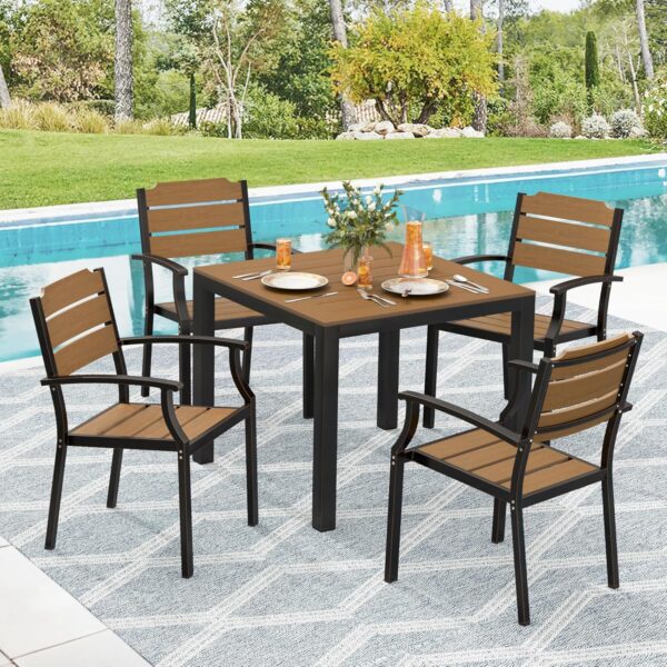 HDPS Patio Table and Chairs Set, 5 Piece Square Table Patio Furniture Set, HDPS All-Weather Material Outdoor Dining Table and Chair,Outdoor Furniture Set with Umbrella Hole, Brown-Oil Printed