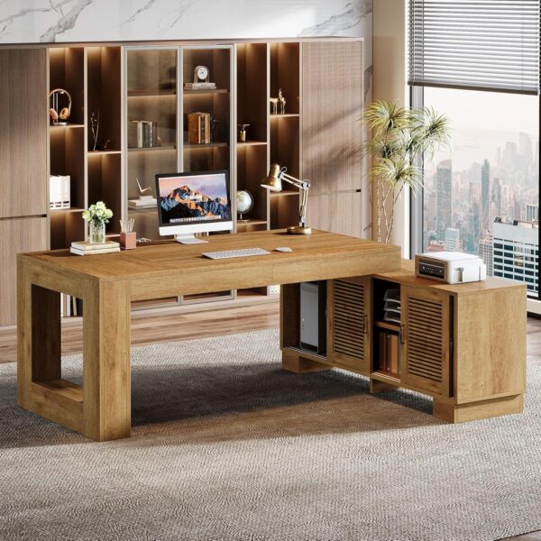 Tribesigns L Shaped Executive Desk with Storage Cabinets and 2-Tier Shelf, 63-Inch Simple Modern Business Furniture Large Computer Writing Table Workstation for Home Office, Brown