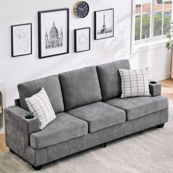 89-Inch Comfy Couches with Deep Seat, Modern 3-Seater Sofa with Cup Holders and Side Storage Pockets for Living Room Apartment Lounge, Grey