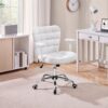 Yaheetech Mid Back Faux Leather Desk Office Chair Modern Upholstered Adjustable Tilting Vanity Chair with Detachable Padded Armrests for Home/Office,White