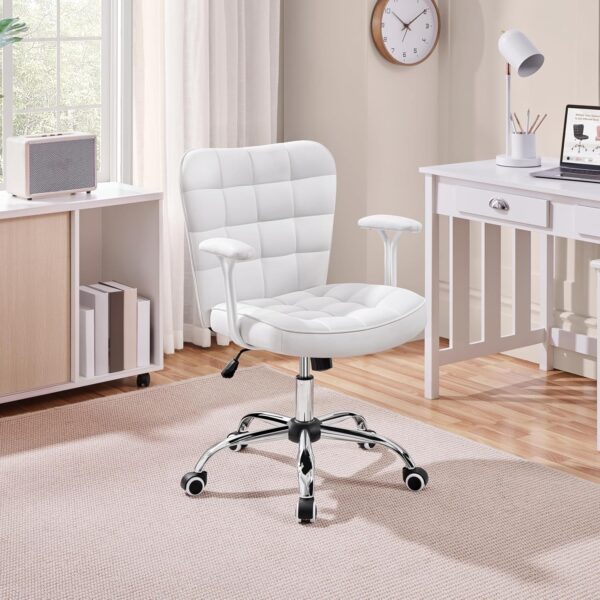 Yaheetech Mid Back Faux Leather Desk Office Chair Modern Upholstered Adjustable Tilting Vanity Chair with Detachable Padded Armrests for Home/Office,White
