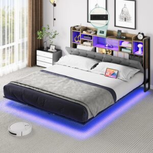 YITAHOME Full Floating Bed Frame & Charging Station, Upholstered Platform Bed with RGB LED Lights, Headboard Storage, No Box Spring Needed,Gray