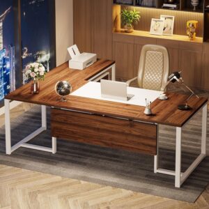 Tribesigns 70.8" L-Shaped Executive Desk with Drawer Cabinet, Large Executive Office Desk with Separate File Cabinet, Home Office Desk Workstation Business Furniture Set, Walnut & White