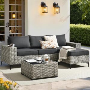 ovios 5 Pieces Patio Furniture Set Outdoor Sectional Sofa Couch with Comfy Cushions Deep Seat, Modern Modular Wicker Rattan Conversation Set for Porch Deck Garden, Black