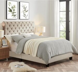 Rosevera Gideon Bed Frame/Fabric Upholstered Bed Frame with Adjustable Headboard/Chesterfield-Styled/Wood Slat Support/Easy Assembly,Queen,Beige