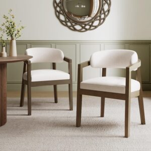 Christopher Knight Home Set of 2 Lanford Fabric Upholstered Dining Chairs, Curved Backrest Kitchen Side Chair, Soft Padded Seat&Back Cushion, Solid Wood Armchair, Ergonomic Extra Seat, Beige+Walnut