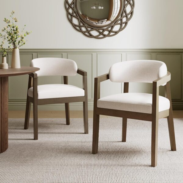 Christopher Knight Home Set of 2 Lanford Fabric Upholstered Dining Chairs, Curved Backrest Kitchen Side Chair, Soft Padded Seat&Back Cushion, Solid Wood Armchair, Ergonomic Extra Seat, Beige+Walnut