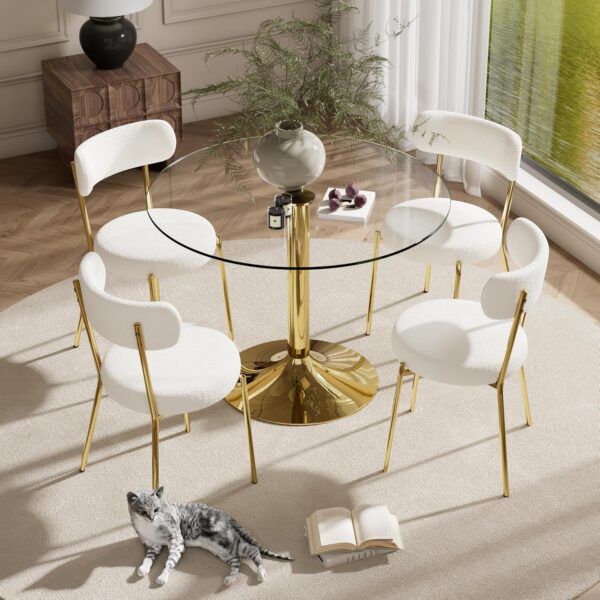 Clear Round Glass Top Dining Table Set for 4, 35'' Modern Luxury Circle Dinner Room Set, 5 PCS Minimalist Tulip Circular Kitchen Table Set, White Boucle Chairs, for Small Apartment (Gold)