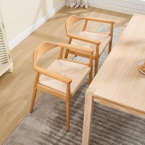 Wahson Mid Century Dining Chairs Set of 2, Natural Wood Modern Kitchen Chairs with Arms, Woven Rope Dining Table Chairs with Hemp Seat