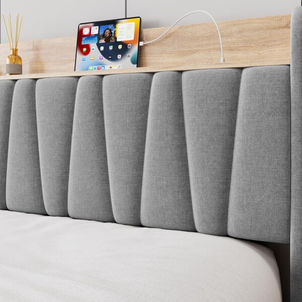 Upholstered Bed Frame with Storage Headboard and Charging Station, Platform Bed Frame with Drawers, Heavy Duty, No Box Spring Needed, Easy Assembly, Grey, Queen Size