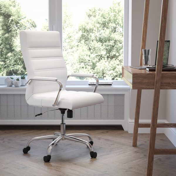 Flash Furniture Whitney High-Back Swivel LeatherSoft Desk Chair with Padded Seat and Armrests, Adjustable Height Padded Office Chair, White/Chrome