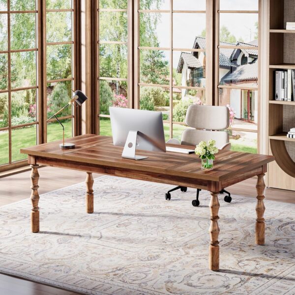 Tribesigns Large Executive Office Desk, 62.2-Inch Farmhouse Modern Computer Desk, Mid Century Study Writing Table Workstations Business Office Furniture with Carved Turned Legs (Walnut)