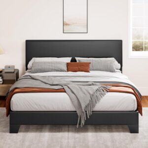 SHA CERLIN Black Queen Platform Upholstered Bed Frame with 3 Level Height-Adjustable headboard, Wood Slats Support, No Box Spring Needed, Easy Assembly, Easy Clean Up
