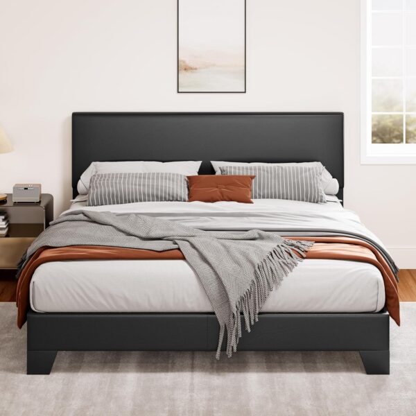 SHA CERLIN Black Queen Platform Upholstered Bed Frame with 3 Level Height-Adjustable headboard, Wood Slats Support, No Box Spring Needed, Easy Assembly, Easy Clean Up