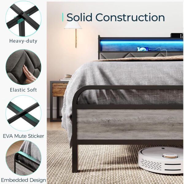 LINSY HOME Queen Bed Frame, Upholstered Platform Frame with Storage Headboard, Metal Queen Size Bed Frames with LED and Charging Station, No Box Spring Needed, Easy Assembly, Rustic Grey